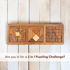 3 in 1 Wooden Puzzle Tray | Brain Teaser Games | Fun & Learning